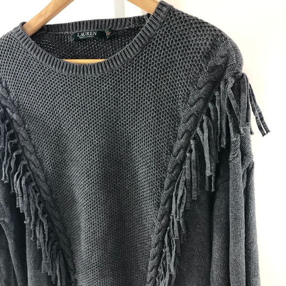 Lauren Ralph Lauren Gray Fringe Sweater L - Picture 5 of 7